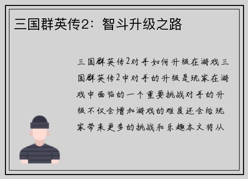 三国群英传2：智斗升级之路